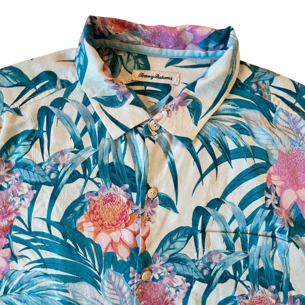 Tommy Bahama Island Zone Mens XL Silk Blend Tropical Floral Camp Shirt Teal Pink